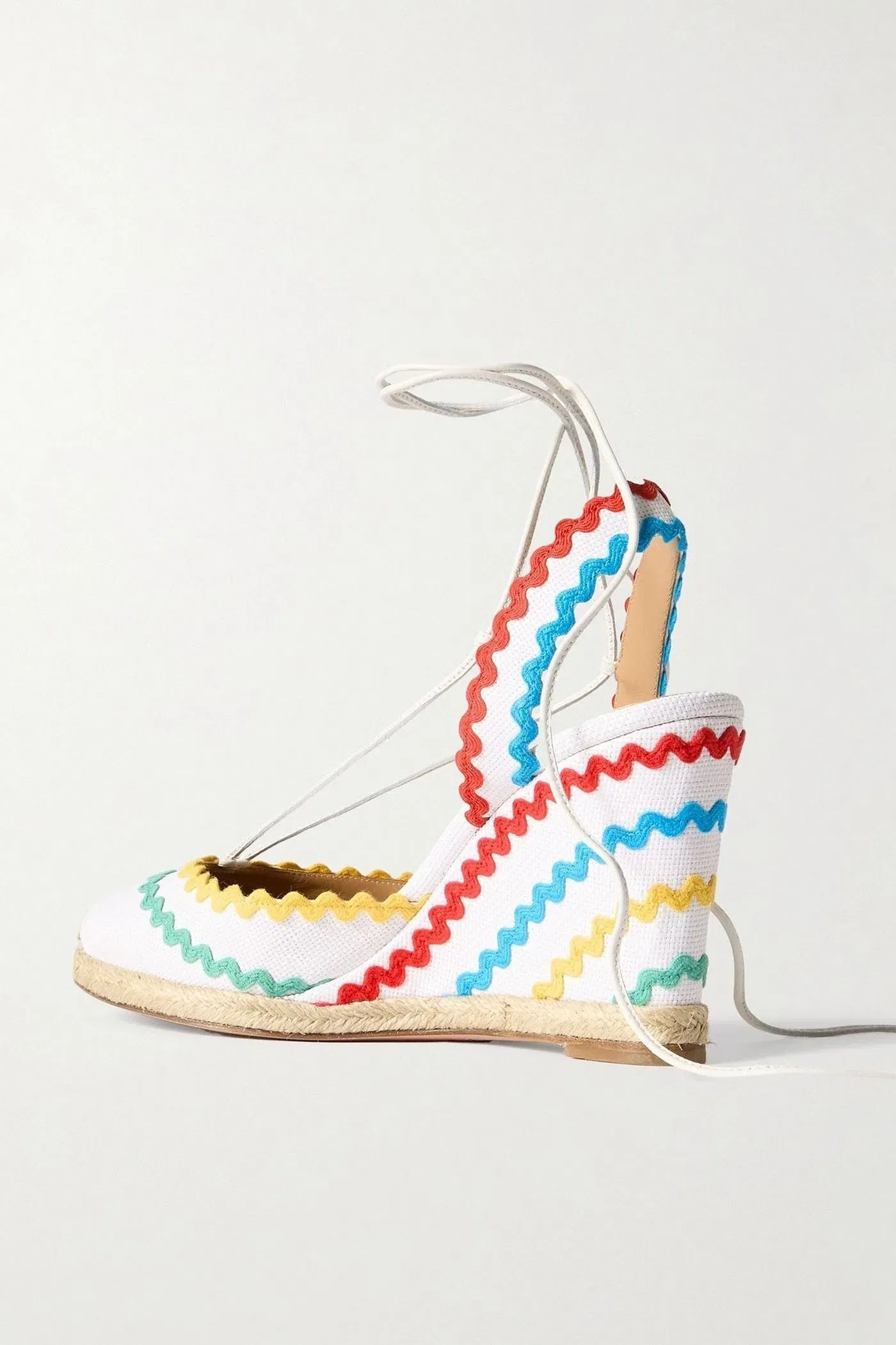 Aquazzura Ric Rac 85 Leather-Trimmed Raffia Wedge Espadrilles White Women's