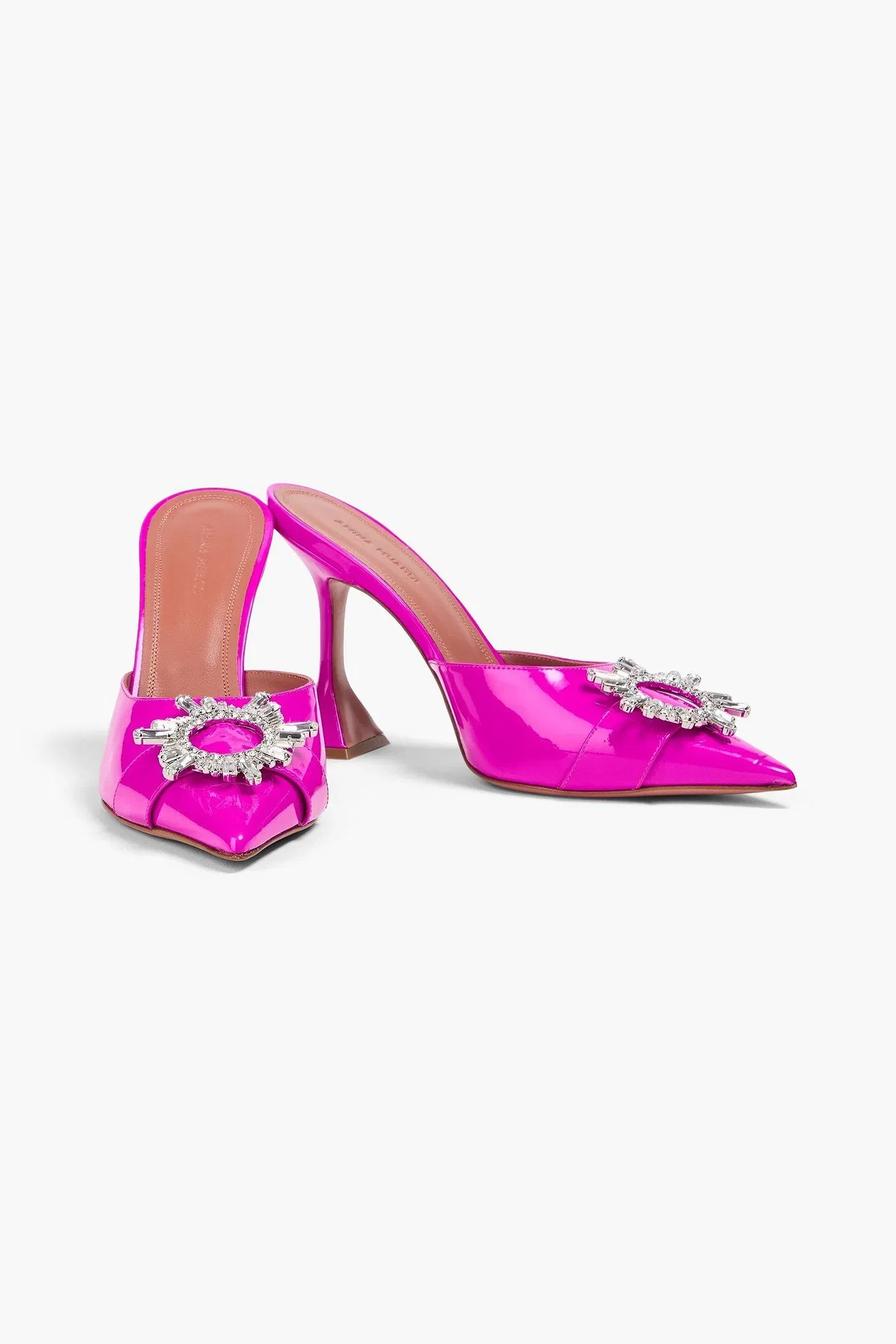 Amina Muaddi Begum Crystal-Embellished Patent-Leather Mules Bright Pink Women's