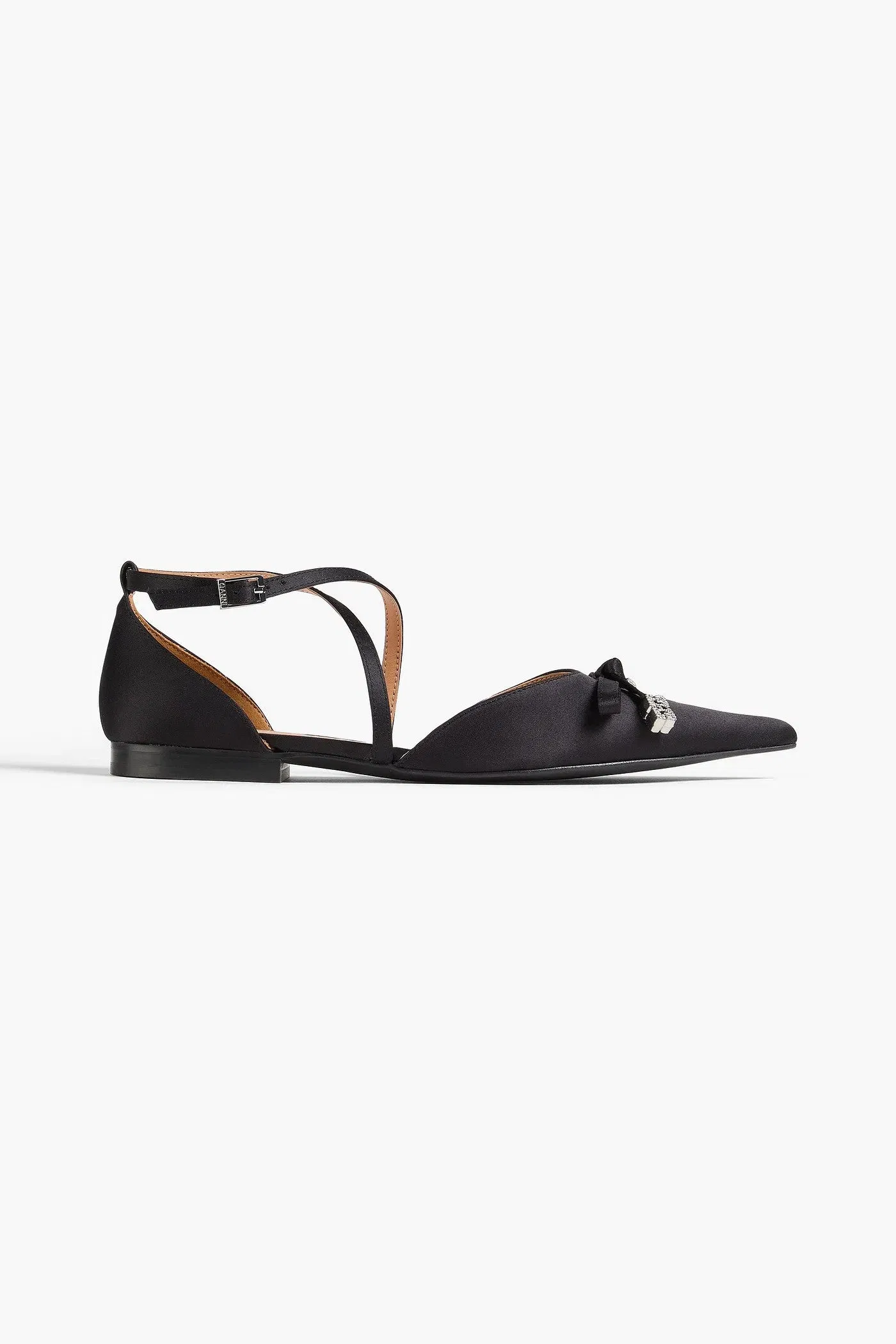 Ganni Crystal-Embellished Satin Point-Toe Flats Black Women's