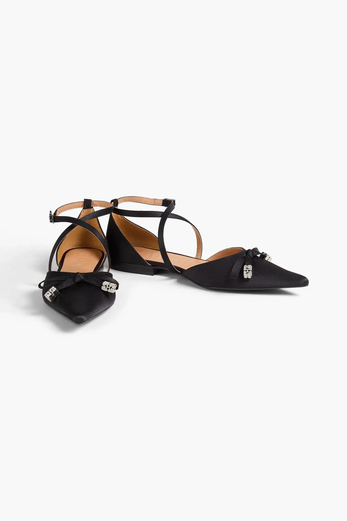 Ganni Crystal-Embellished Satin Point-Toe Flats Black Women's