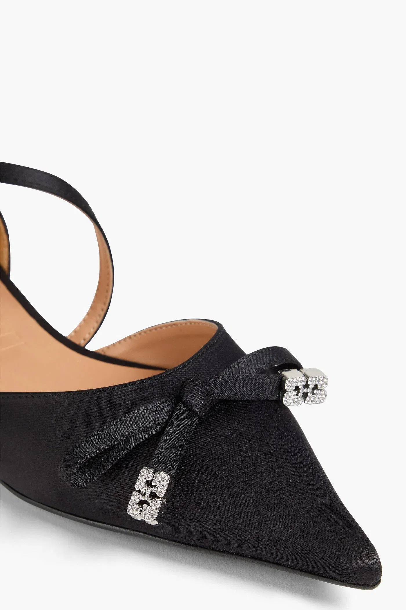 Ganni Crystal-Embellished Satin Point-Toe Flats Black Women's