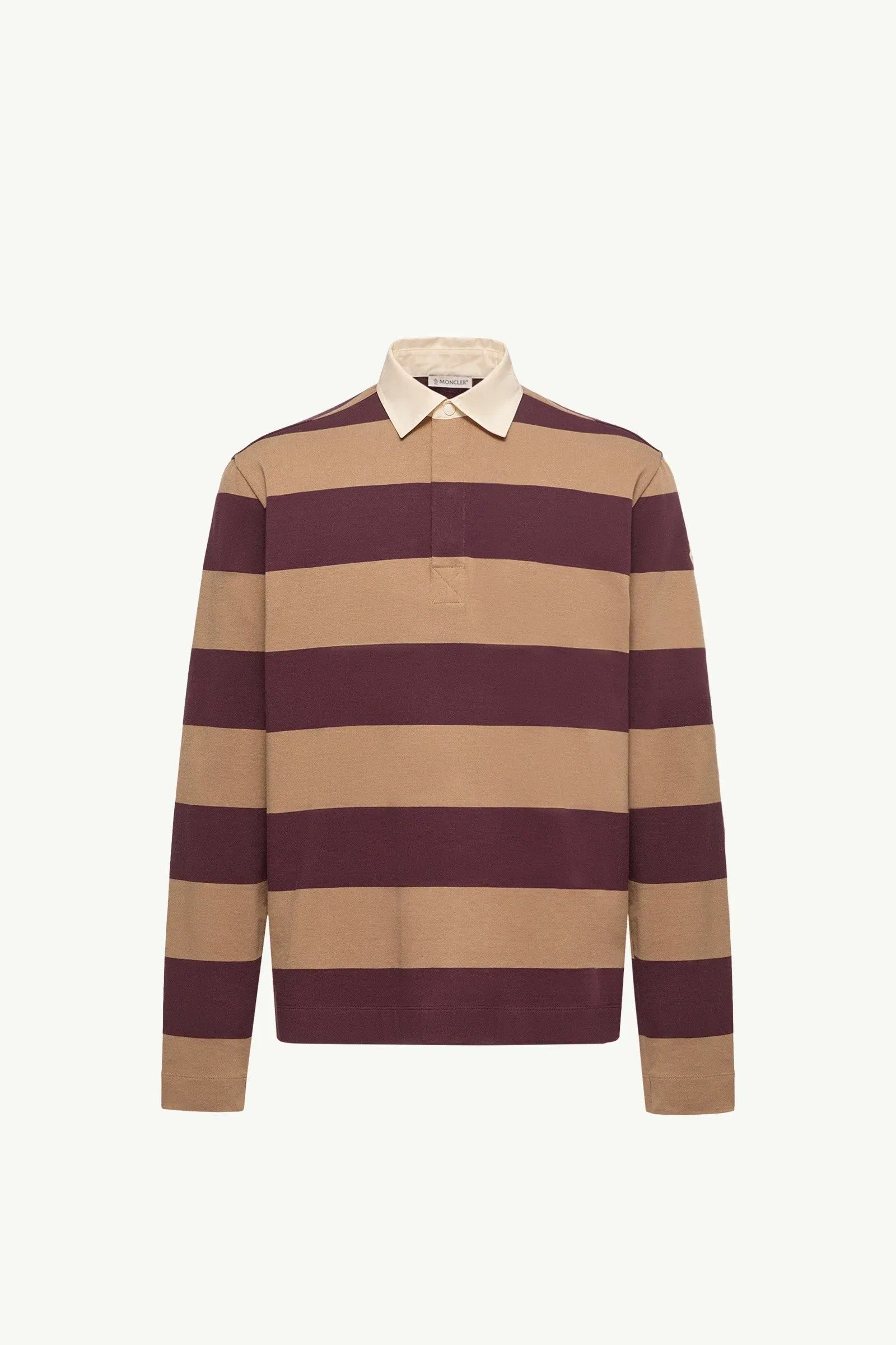 Moncler Striped Cotton Long Sleeve Polo Shirt Beige & Burgundy Beige & Burgundy