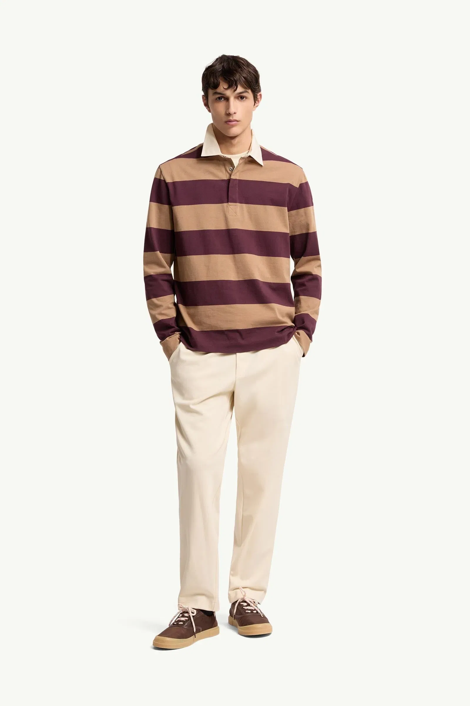 Moncler Striped Cotton Long Sleeve Polo Shirt Beige & Burgundy Beige & Burgundy