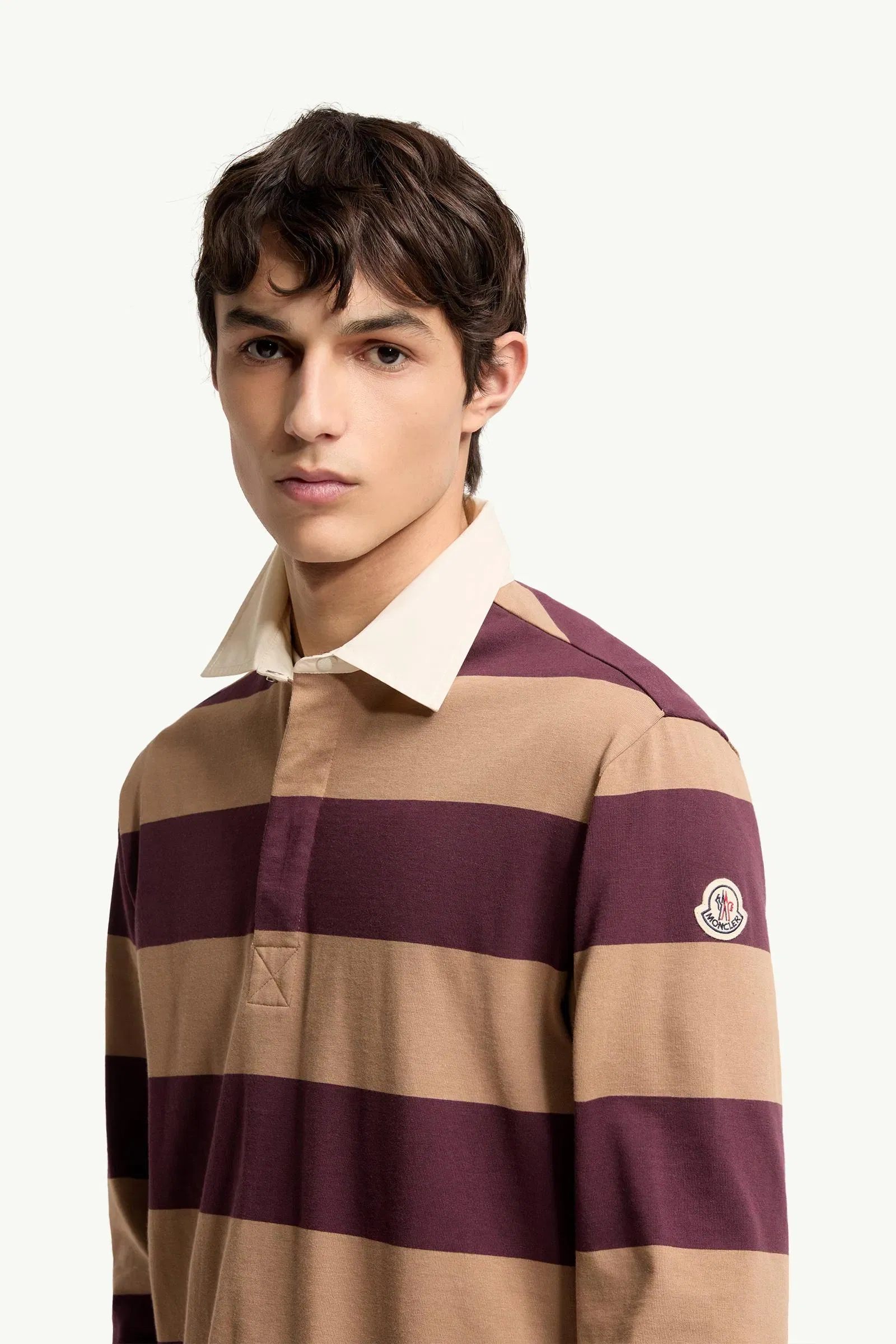 Moncler Striped Cotton Long Sleeve Polo Shirt Beige & Burgundy Beige & Burgundy