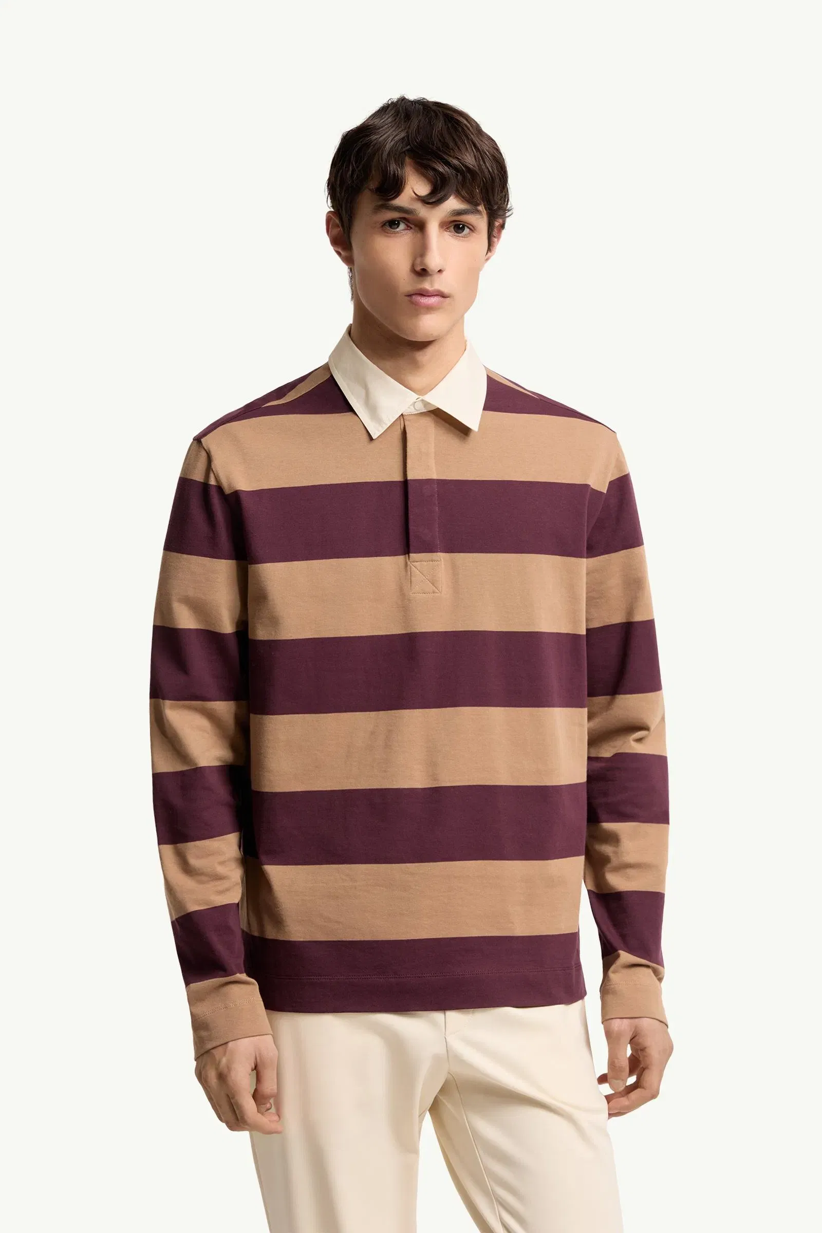 Moncler Striped Cotton Long Sleeve Polo Shirt Beige & Burgundy Beige & Burgundy
