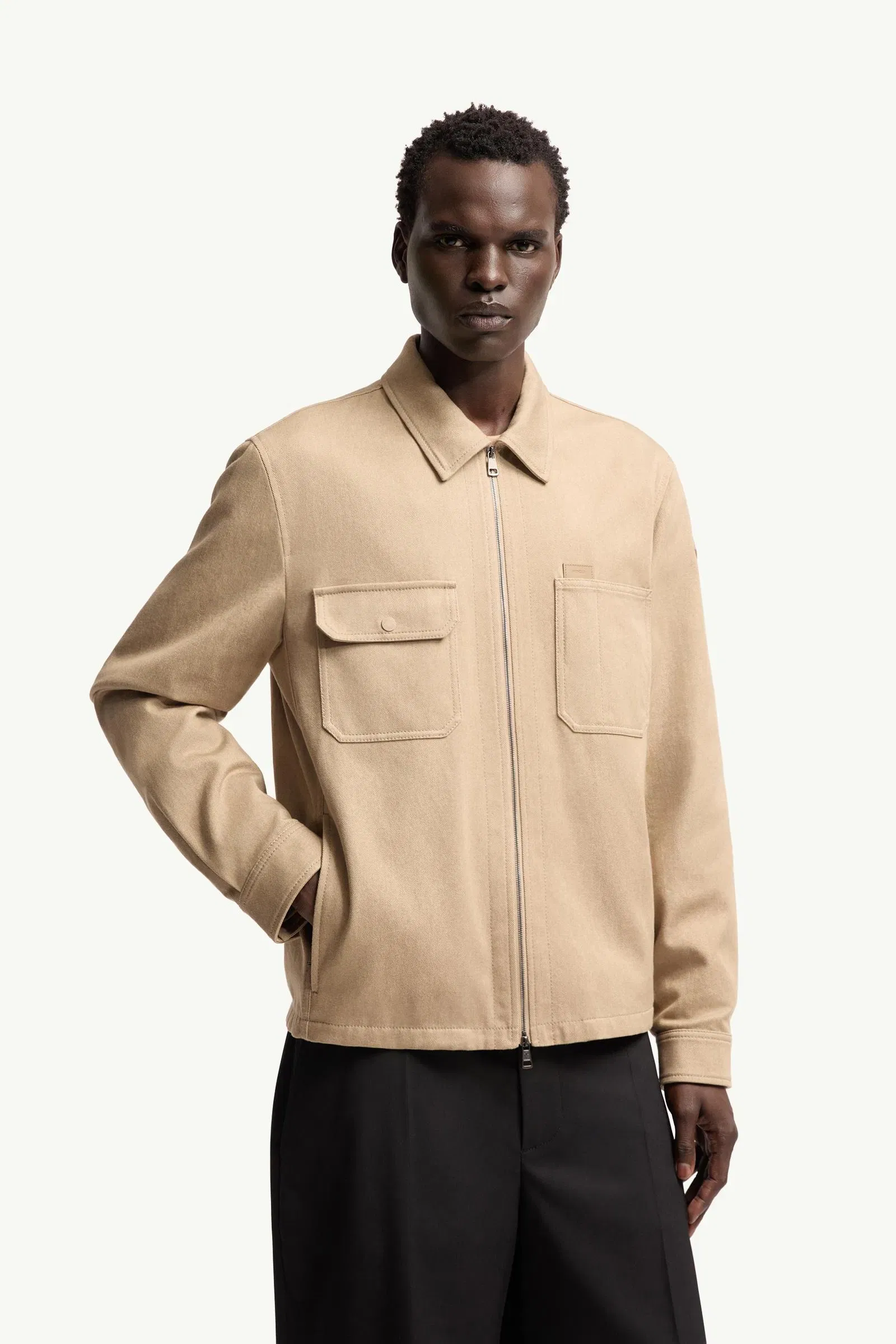 Moncler Leather Logo Cotton Shirt Jacket Beige Beige