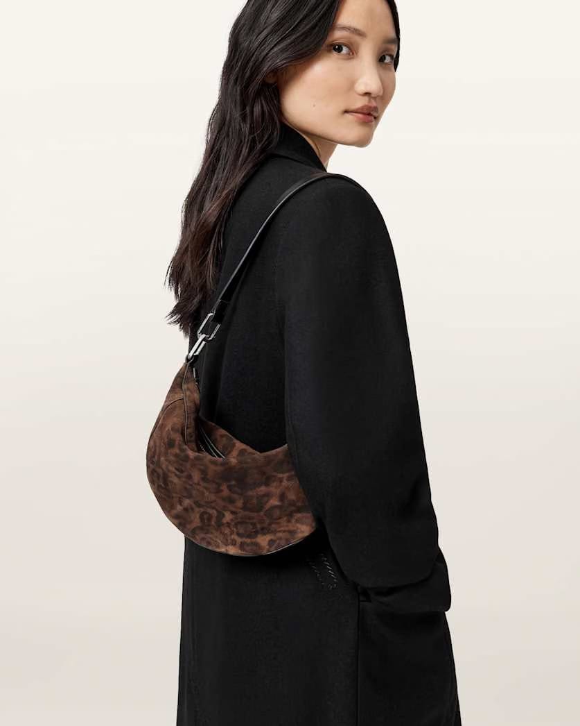 AllSaints Luna Leopard Print Suede Shoulder Bag Women's Leopard Brown Women's