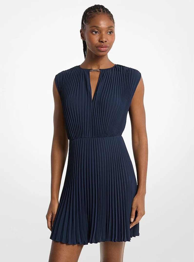 Michael Kors Pleated Satin Back Crepe Mini Dress MIDNIGHTBLUE