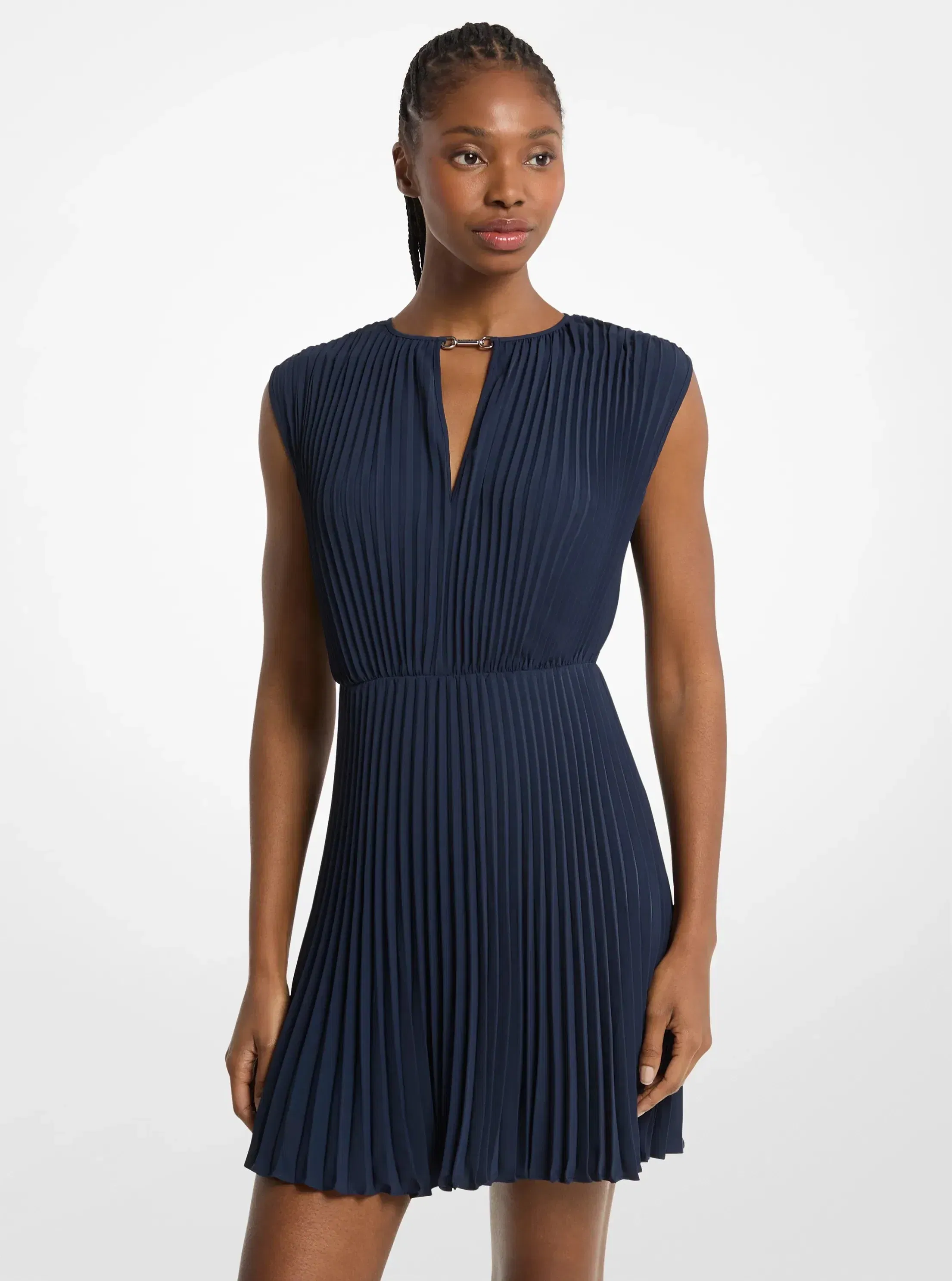 Michael Kors Pleated Satin Back Crepe Mini Dress MIDNIGHTBLUE