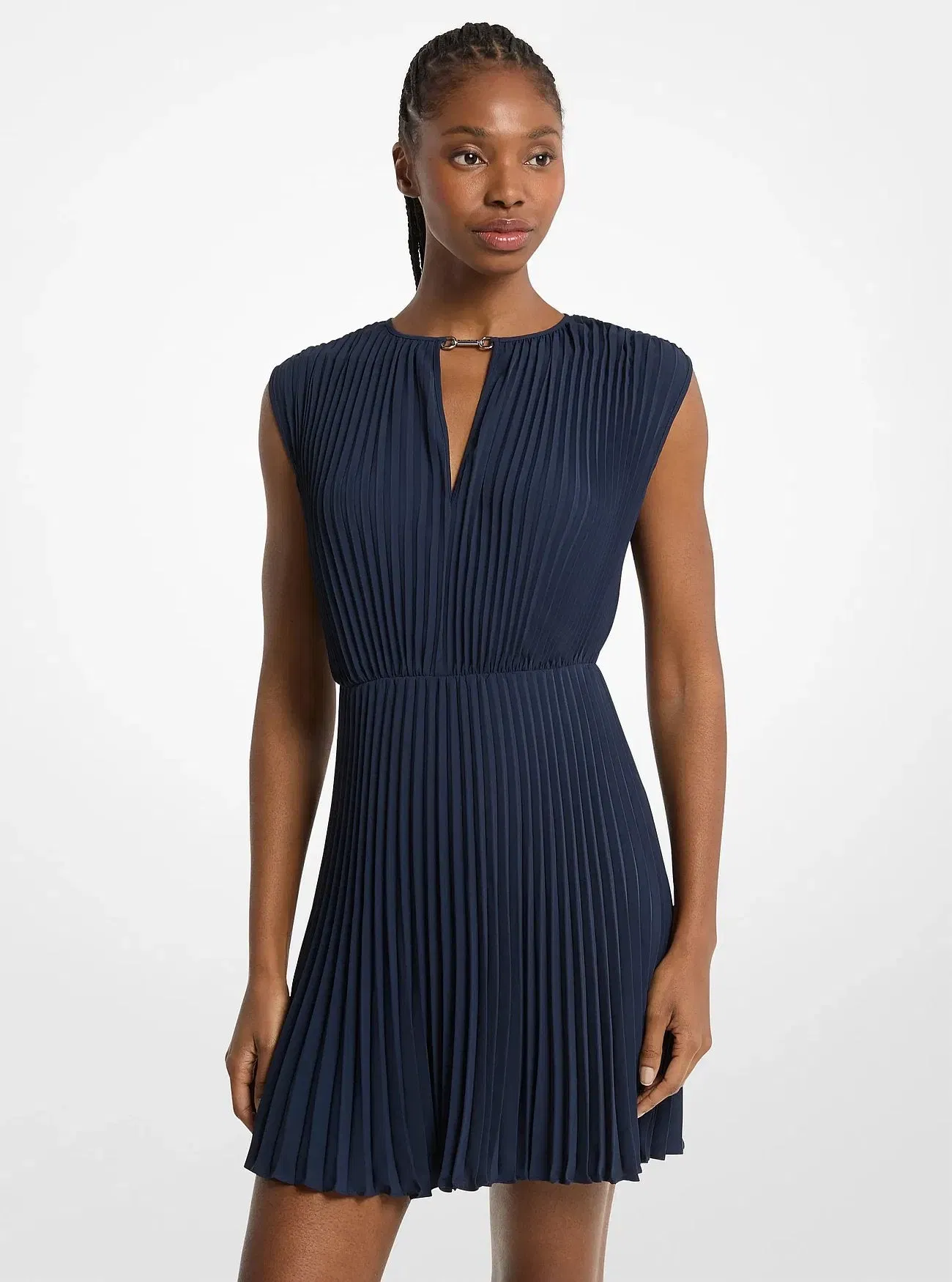 Michael Kors Pleated Satin Back Crepe Mini Dress MIDNIGHTBLUE