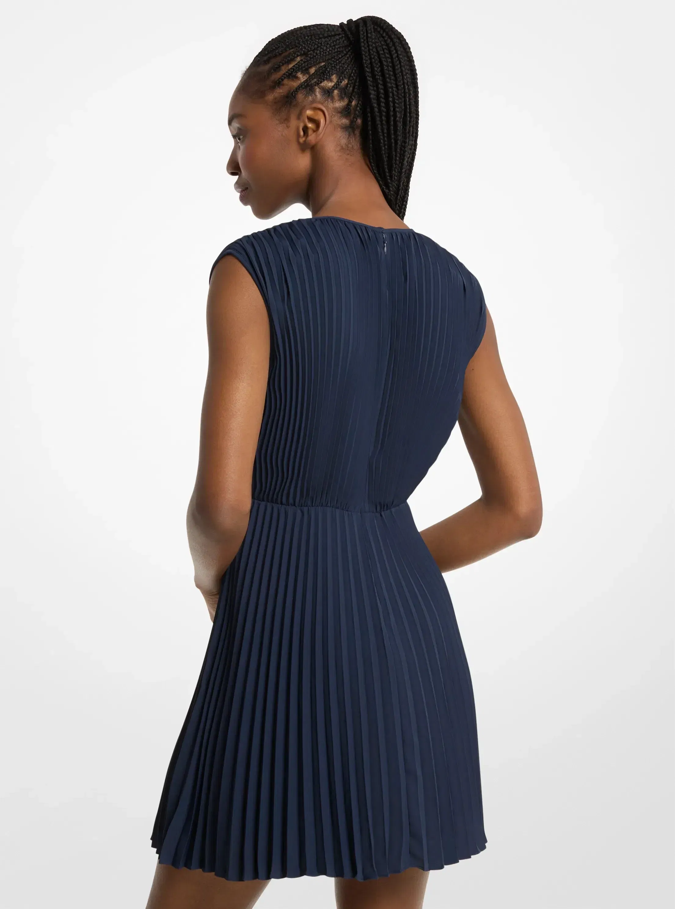 Michael Kors Pleated Satin Back Crepe Mini Dress MIDNIGHTBLUE
