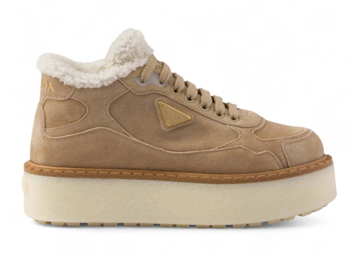 Prada Mid-Top Platform Suede Ecru Womens