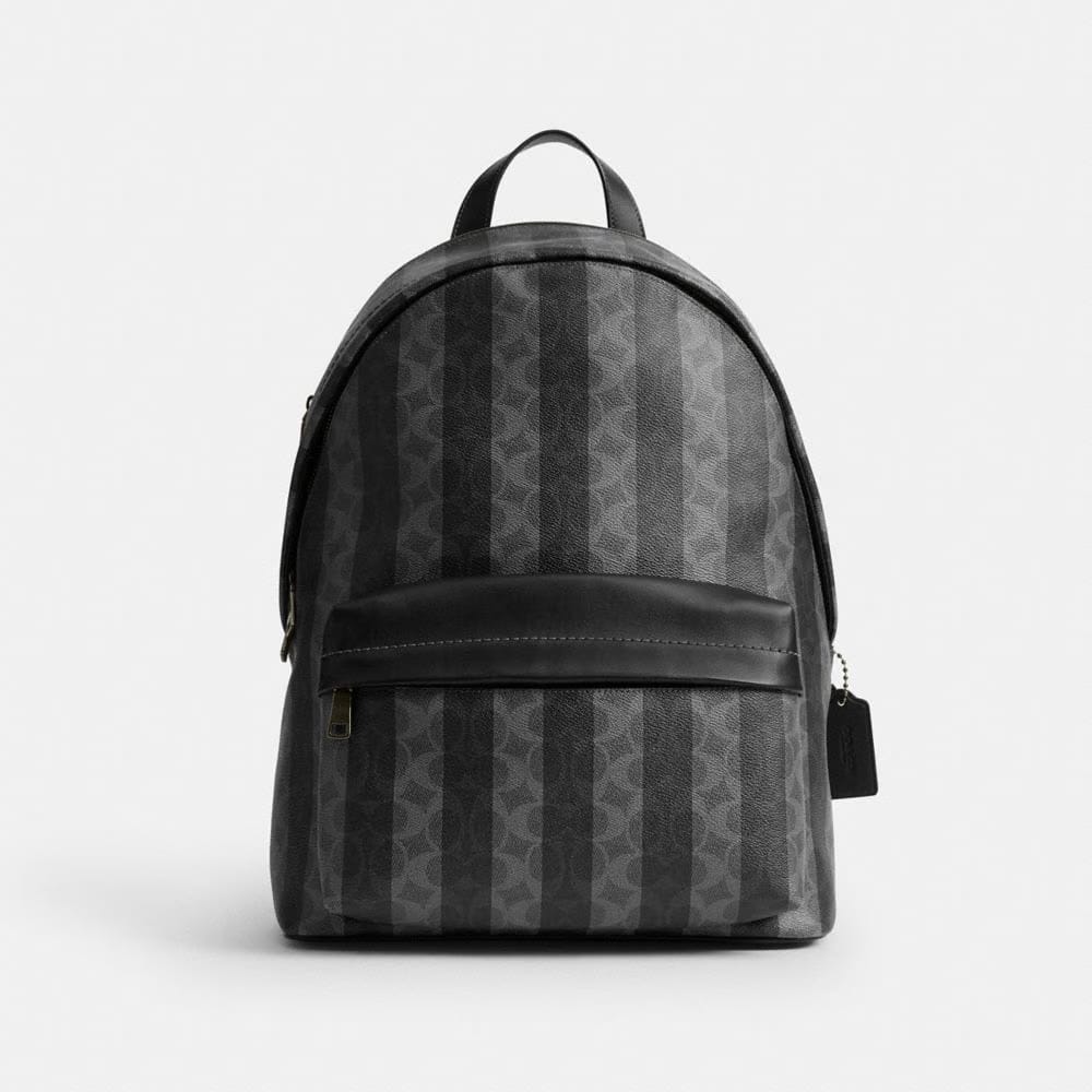 Coach Taylor Backpack In Signature Canvas With Stripes Gunmetal Black Grey