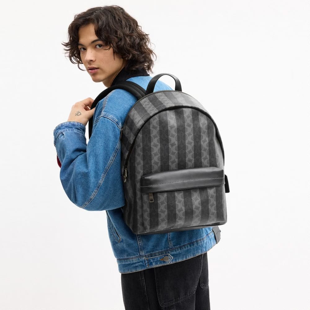 Coach Taylor Backpack In Signature Canvas With Stripes Gunmetal Black Grey
