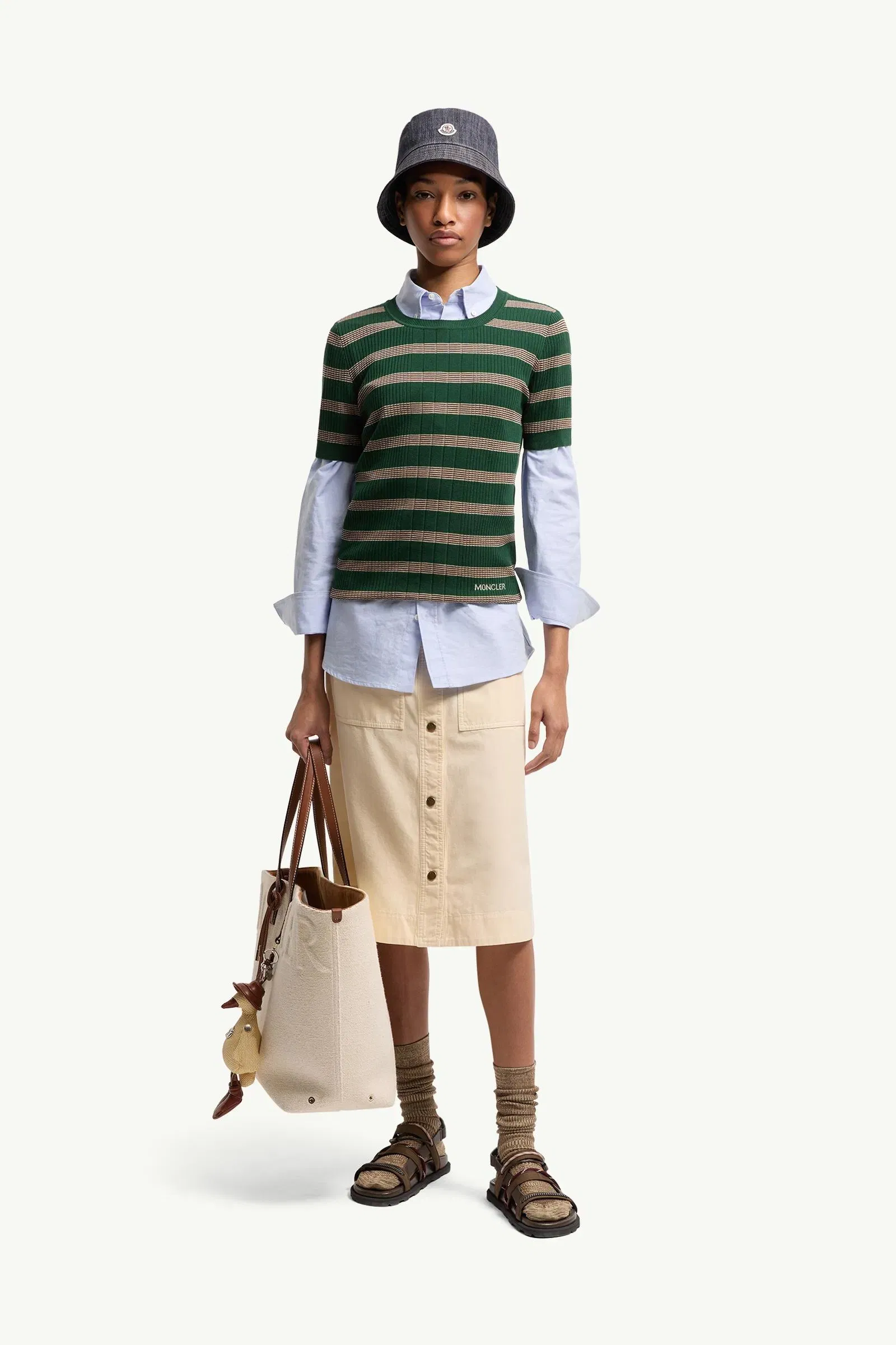 Moncler Striped Cotton T-Shirt Beige & Green Beige & Green