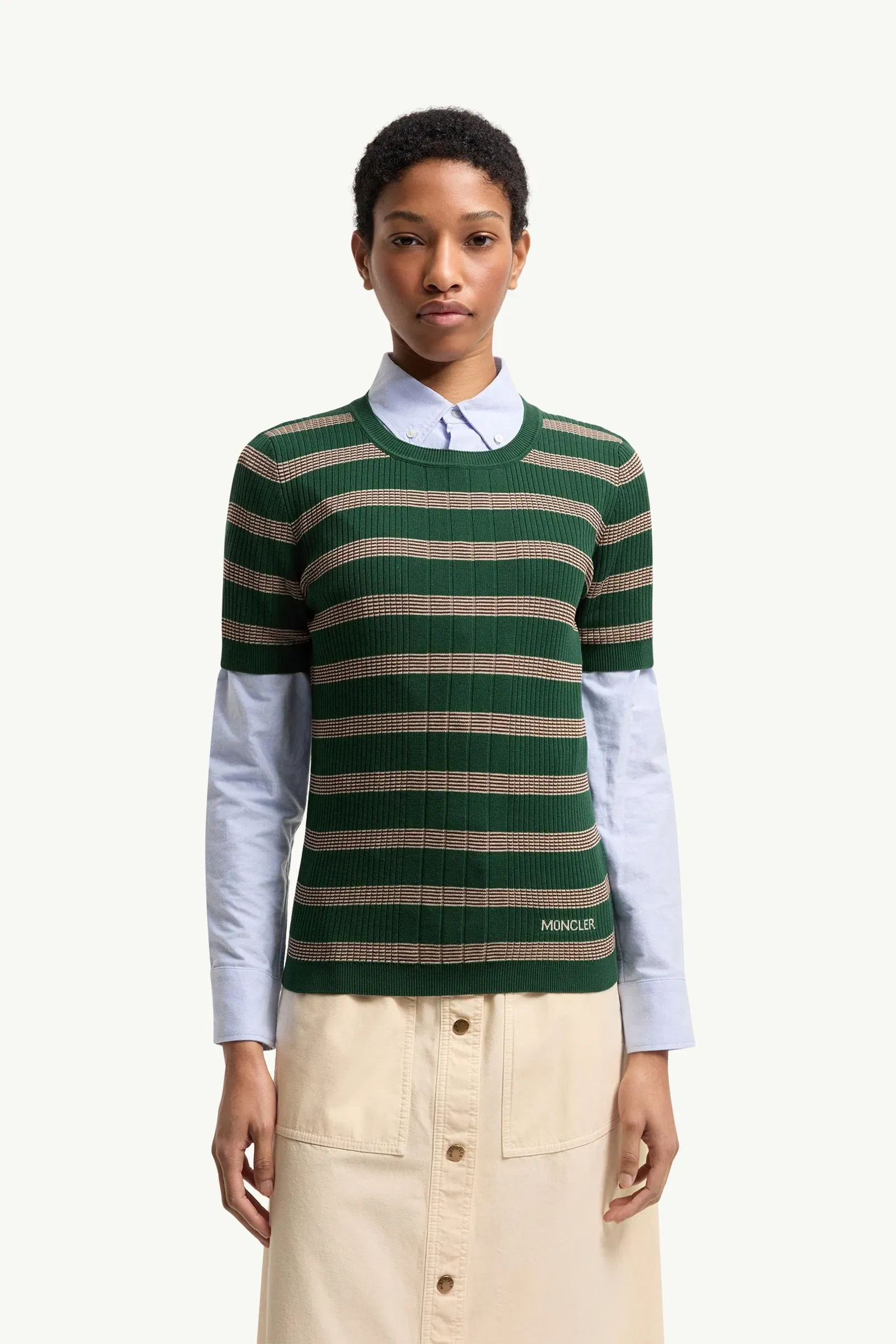 Moncler Striped Cotton T-Shirt Beige & Green Beige & Green