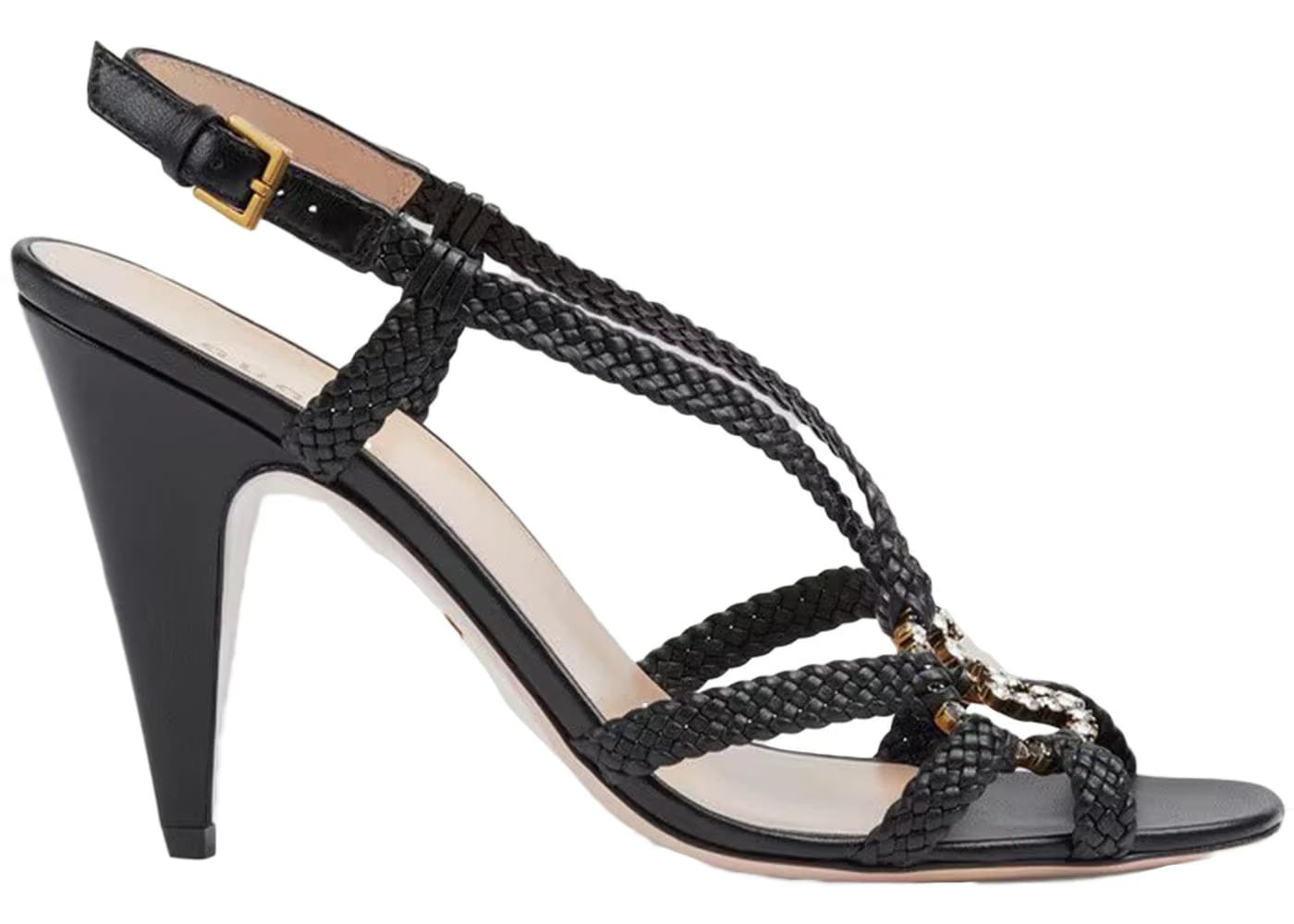 Gucci Crystal Interlocking G Heeled Sandals Black Braided Leather