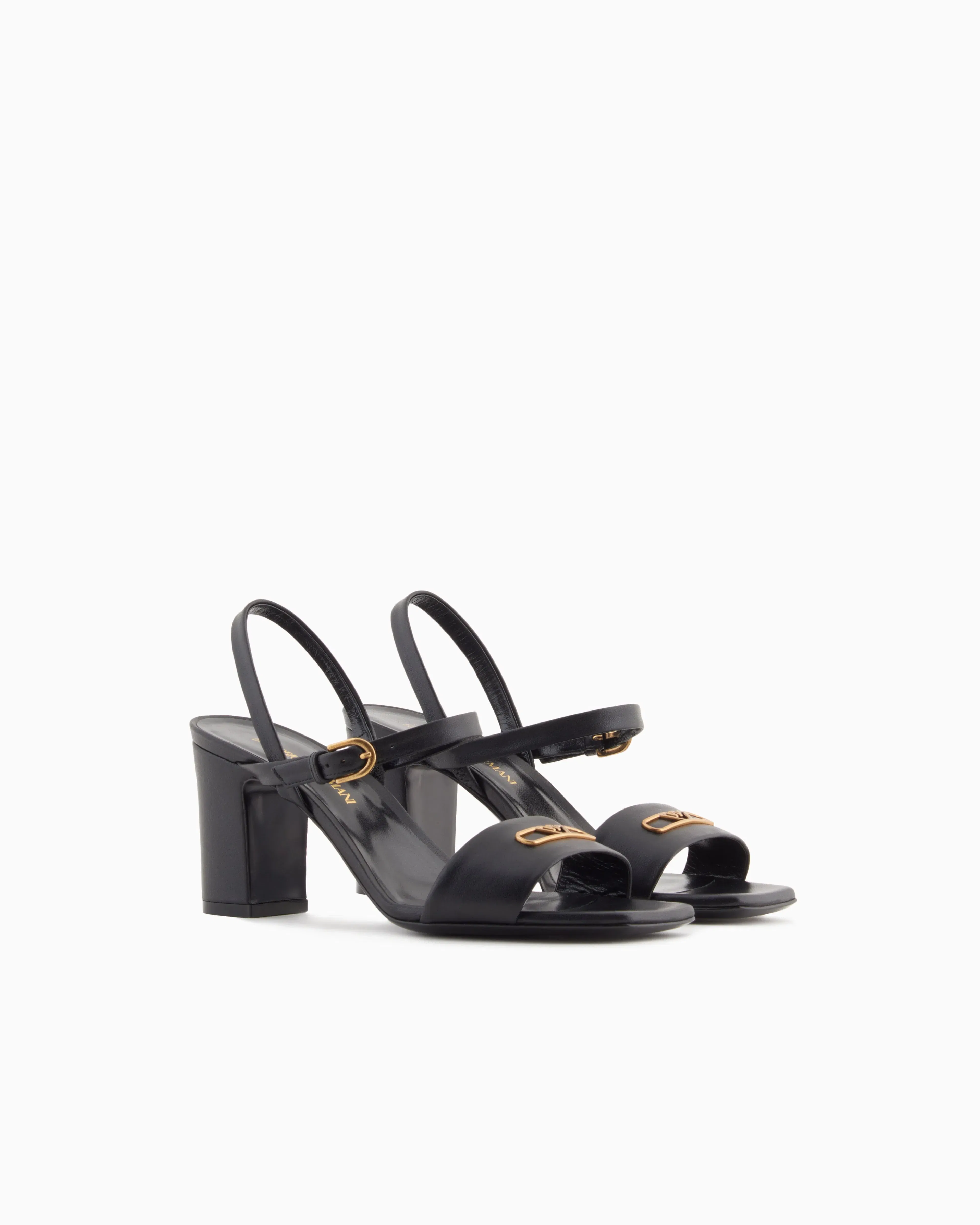Emporio Armani Nappa-Leather Heeled Sandals With Eagle Plate Black