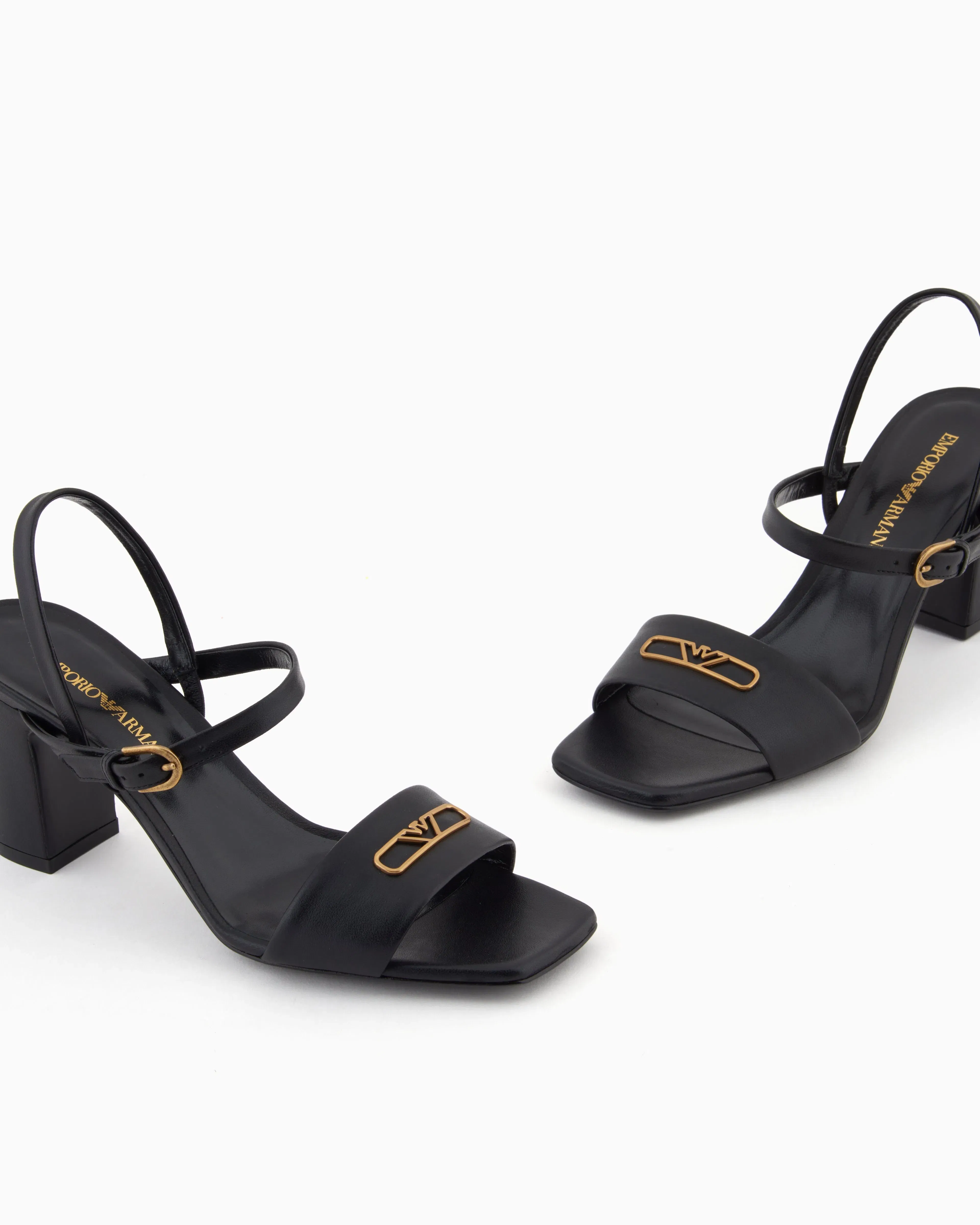 Emporio Armani Nappa-Leather Heeled Sandals With Eagle Plate Black