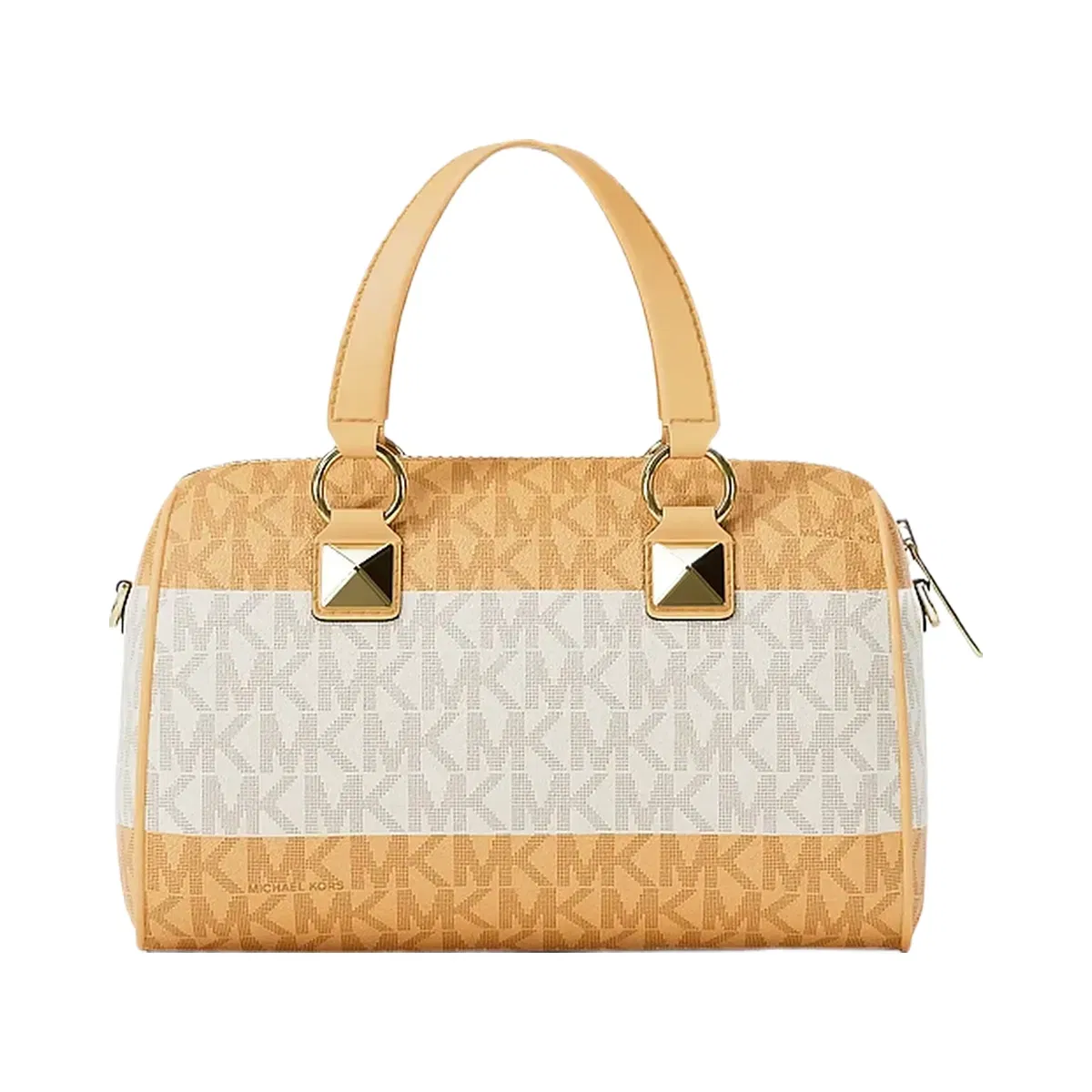 Michael Kors Grayson Small Striped Signature Logo Duffel Crossbody Bag Honeywheat