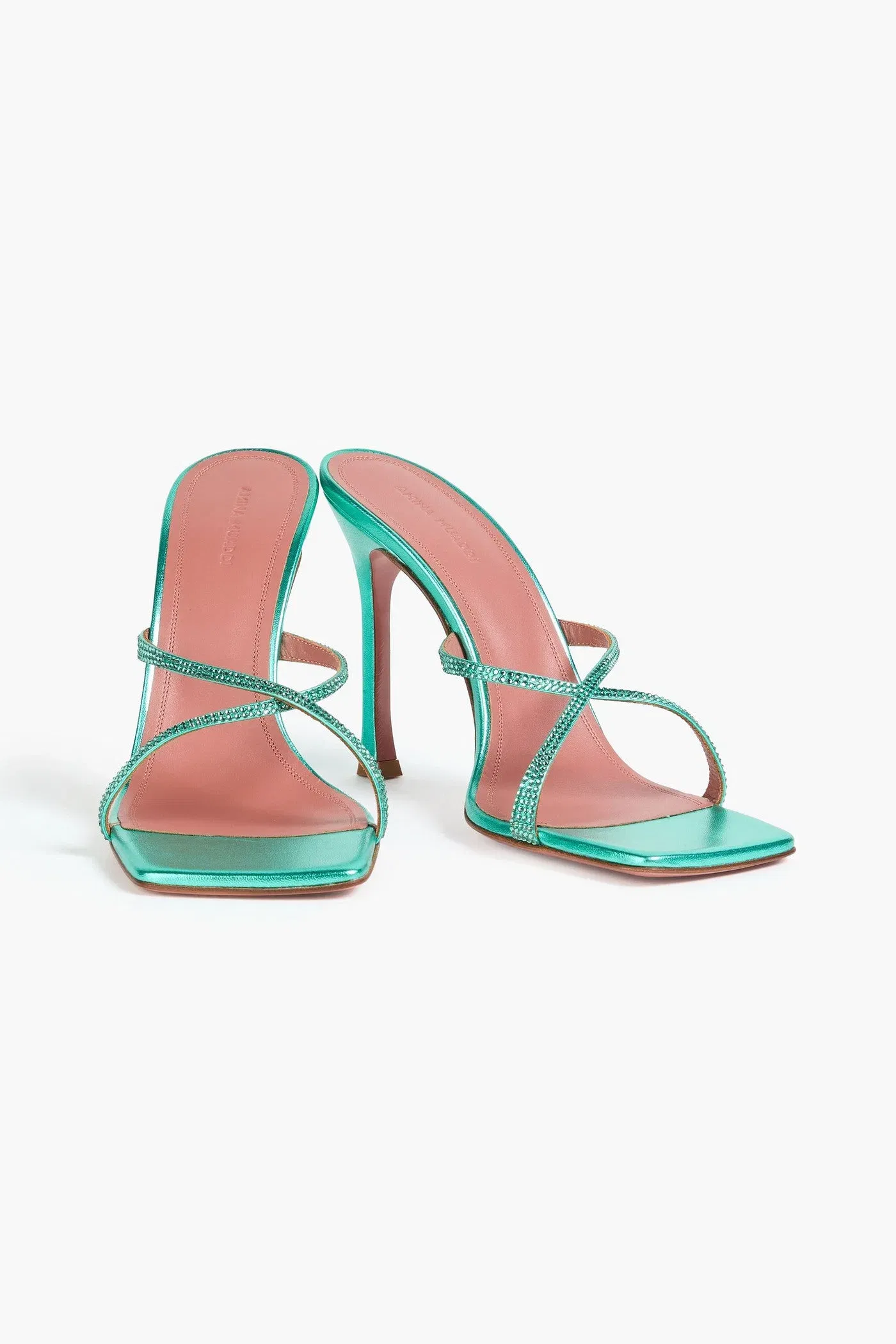 Amina Muaddi Adriana Crystal-Embellished Metallic Leather Mules Mint Women's