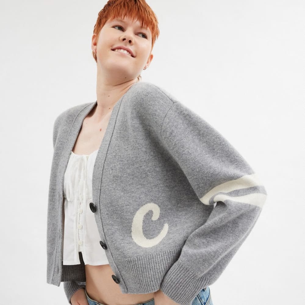 Coach Signature Script Cropped Cardigan Gray