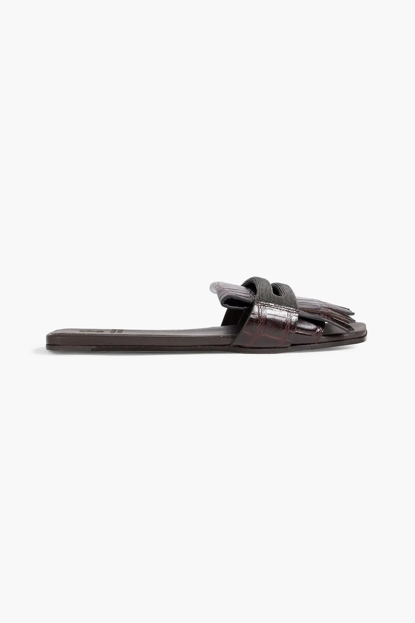 Brunello Cucinelli Bead-Embellished Fringed Croc-Effect Leather Slides Dark Brown Women's