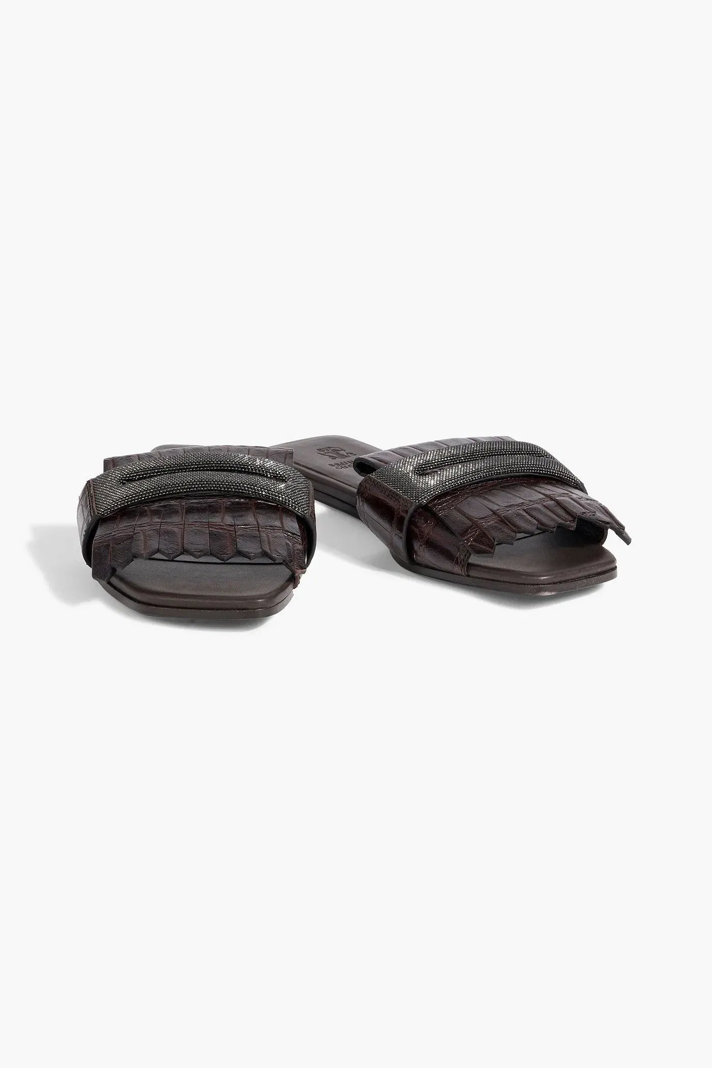 Brunello Cucinelli Bead-Embellished Fringed Croc-Effect Leather Slides Dark Brown Women's