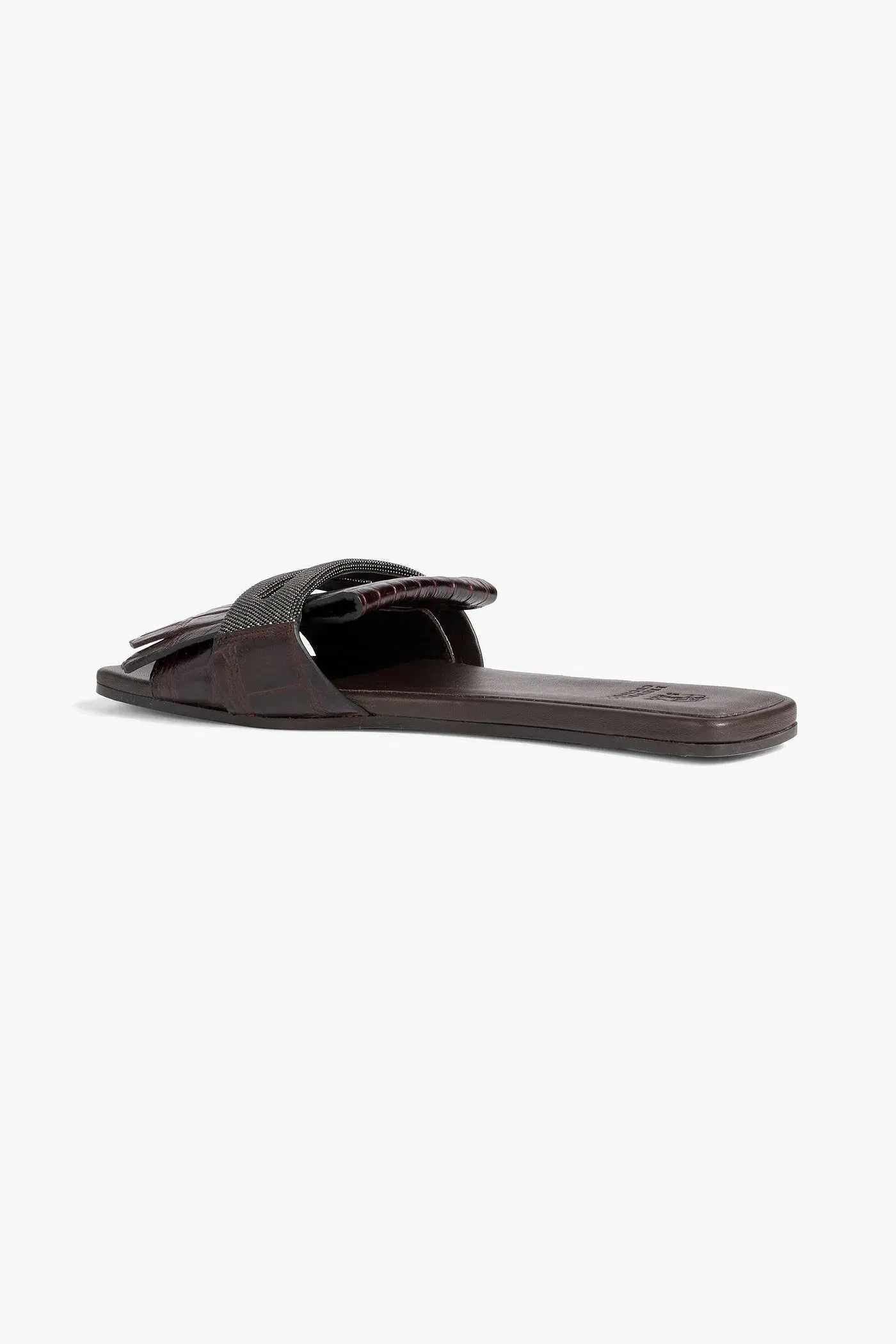 Brunello Cucinelli Bead-Embellished Fringed Croc-Effect Leather Slides Dark Brown Women's