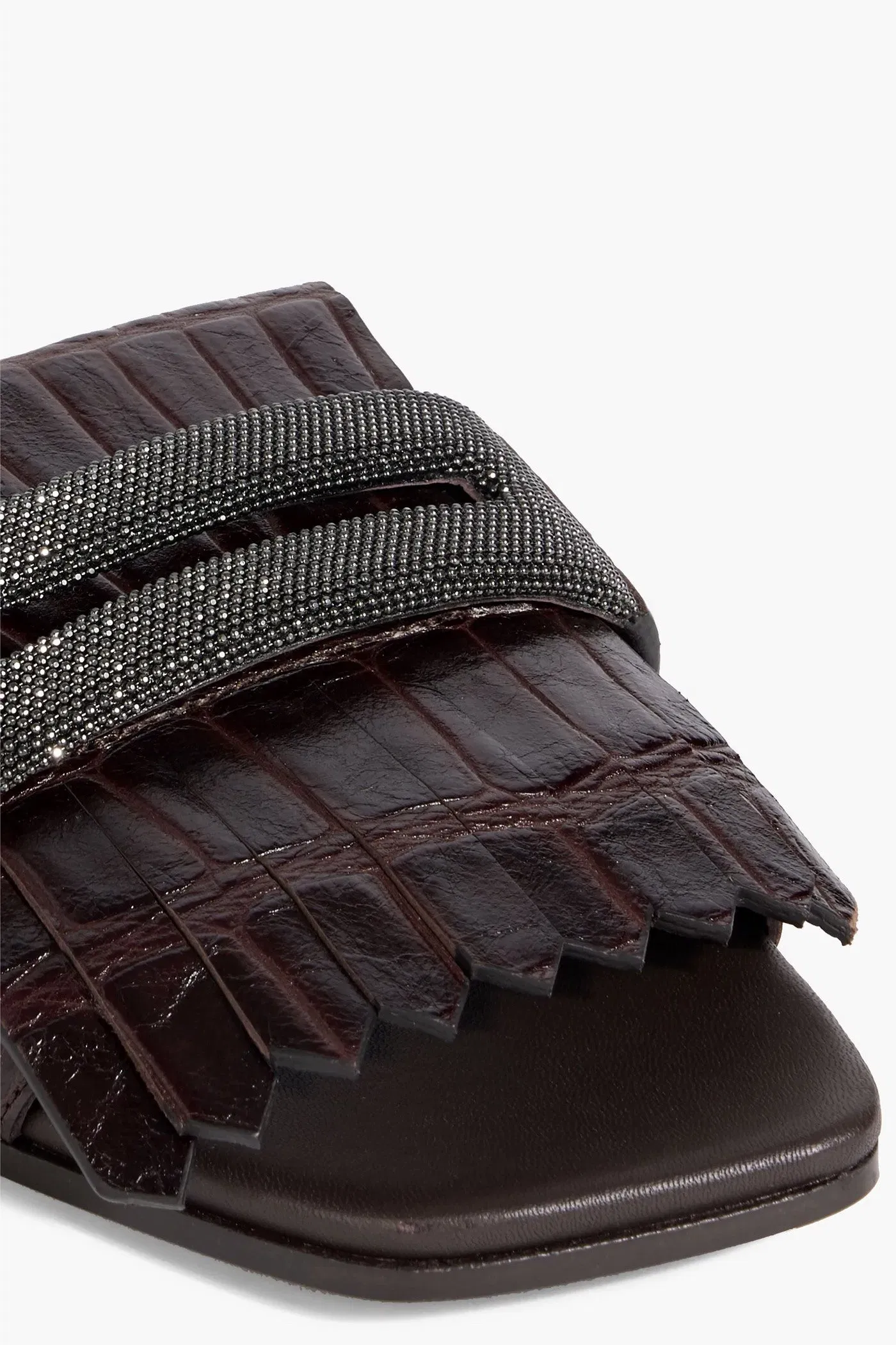 Brunello Cucinelli Bead-Embellished Fringed Croc-Effect Leather Slides Dark Brown Women's