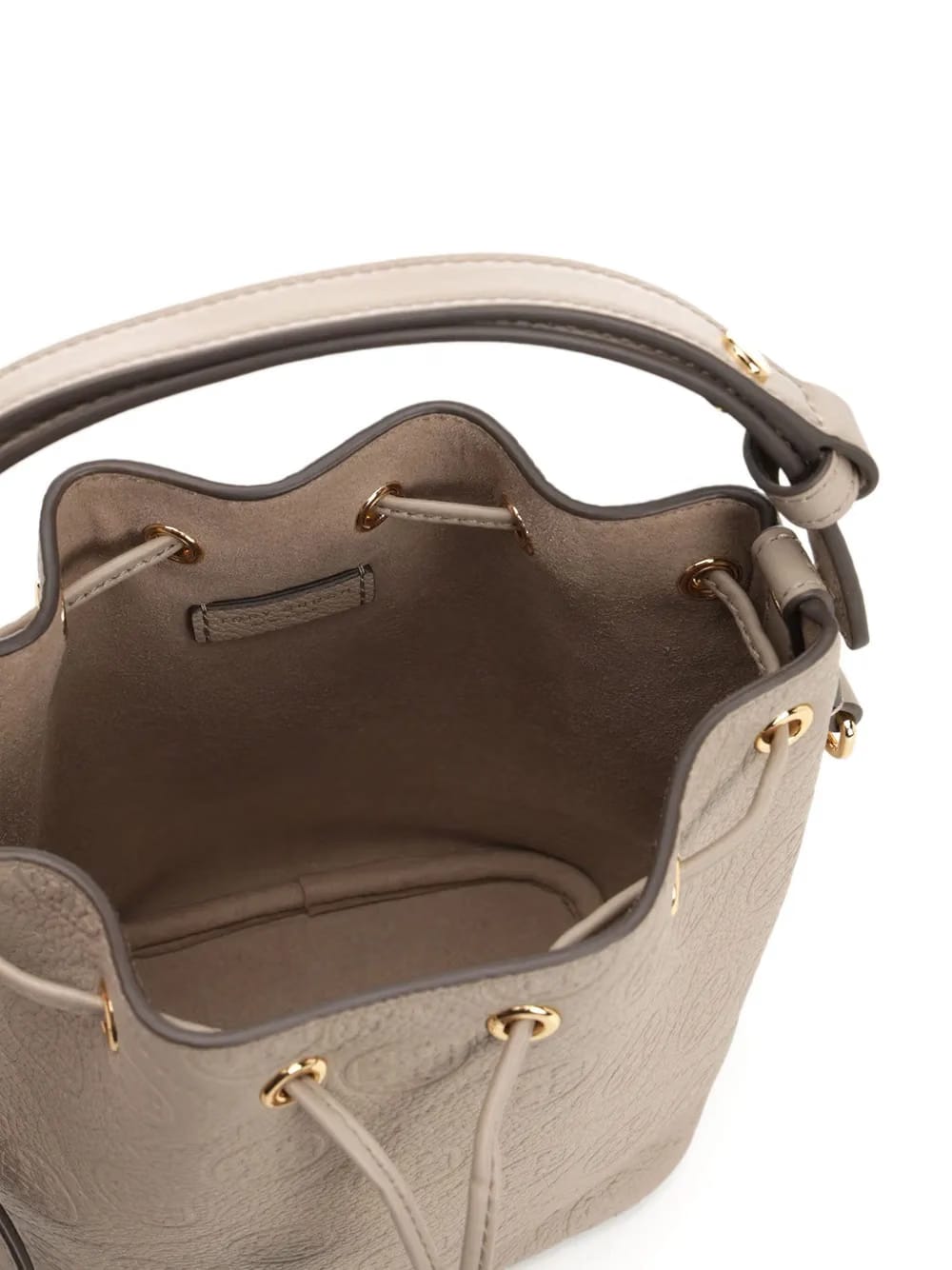 embossed-crest leather mini bucket bag