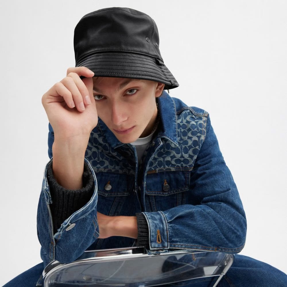 Coach Leather Bucket Hat Black