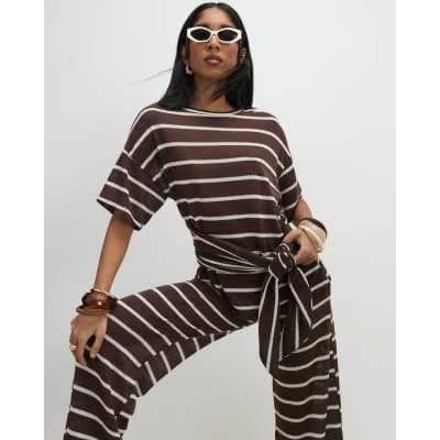 Brown Striped Textured Knot Front Top