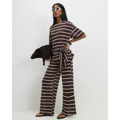 Brown Striped Textured Knot Front Top