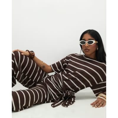 Brown Striped Textured Knot Front Top