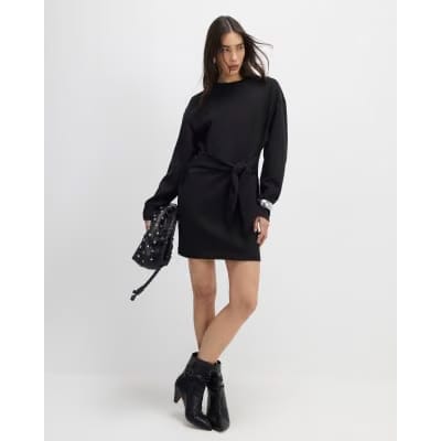 Black Tie Front Mini Sweatshirt Dress