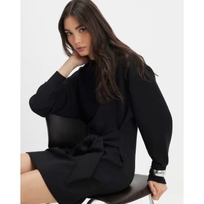 Black Tie Front Mini Sweatshirt Dress