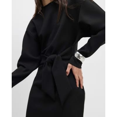 Black Tie Front Mini Sweatshirt Dress