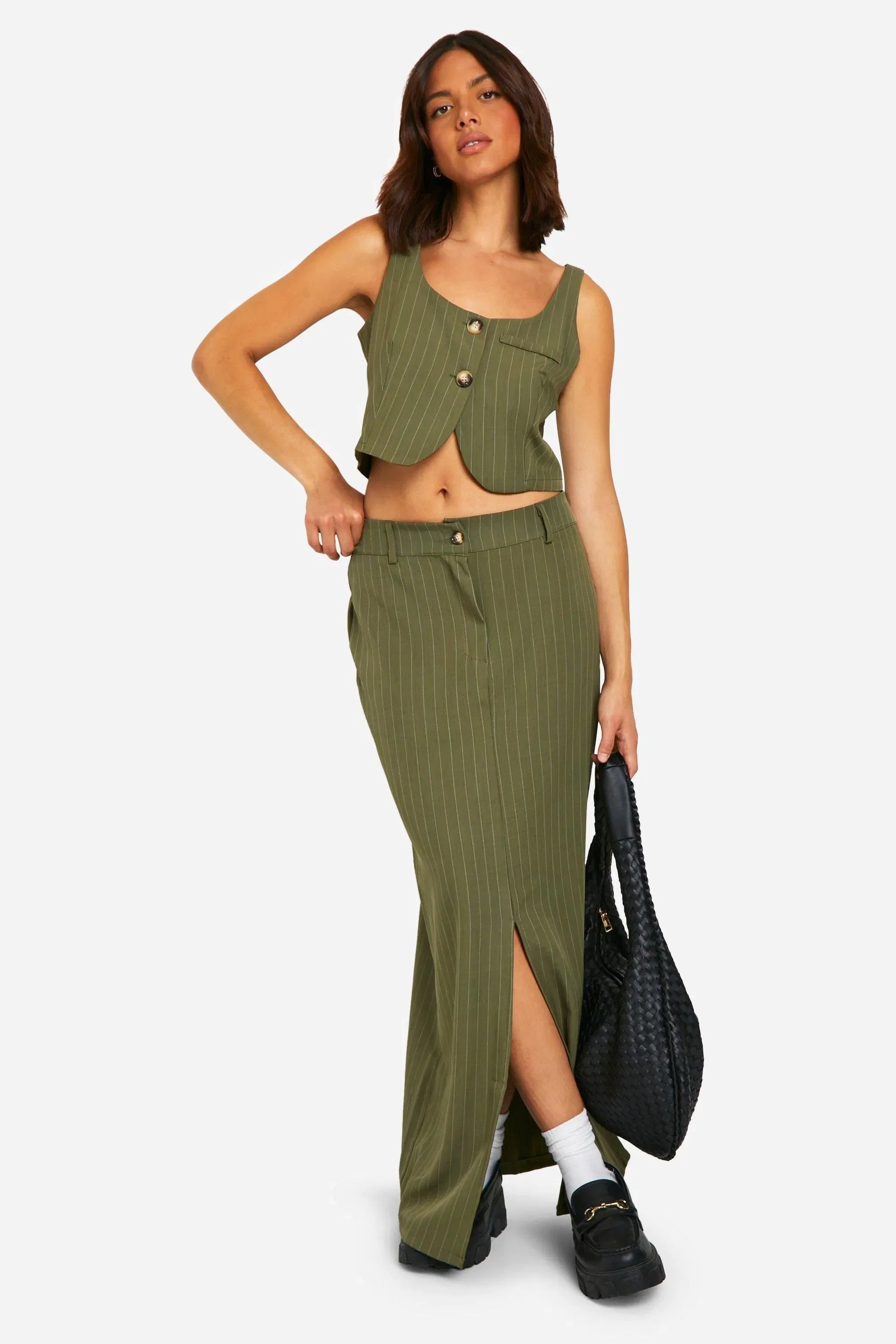Pinstripe Split Front Column Maxi Skirt