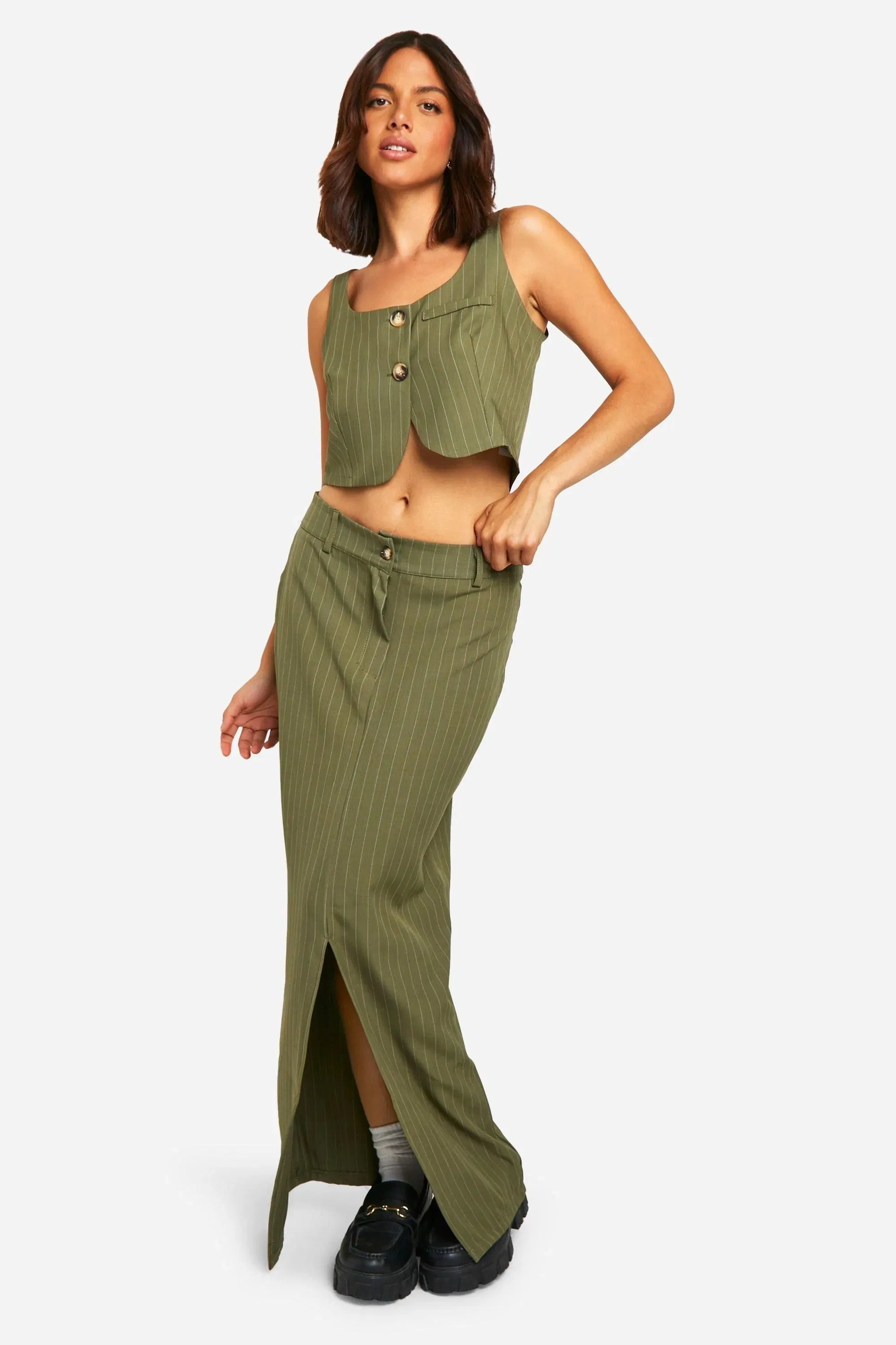 Pinstripe Split Front Column Maxi Skirt