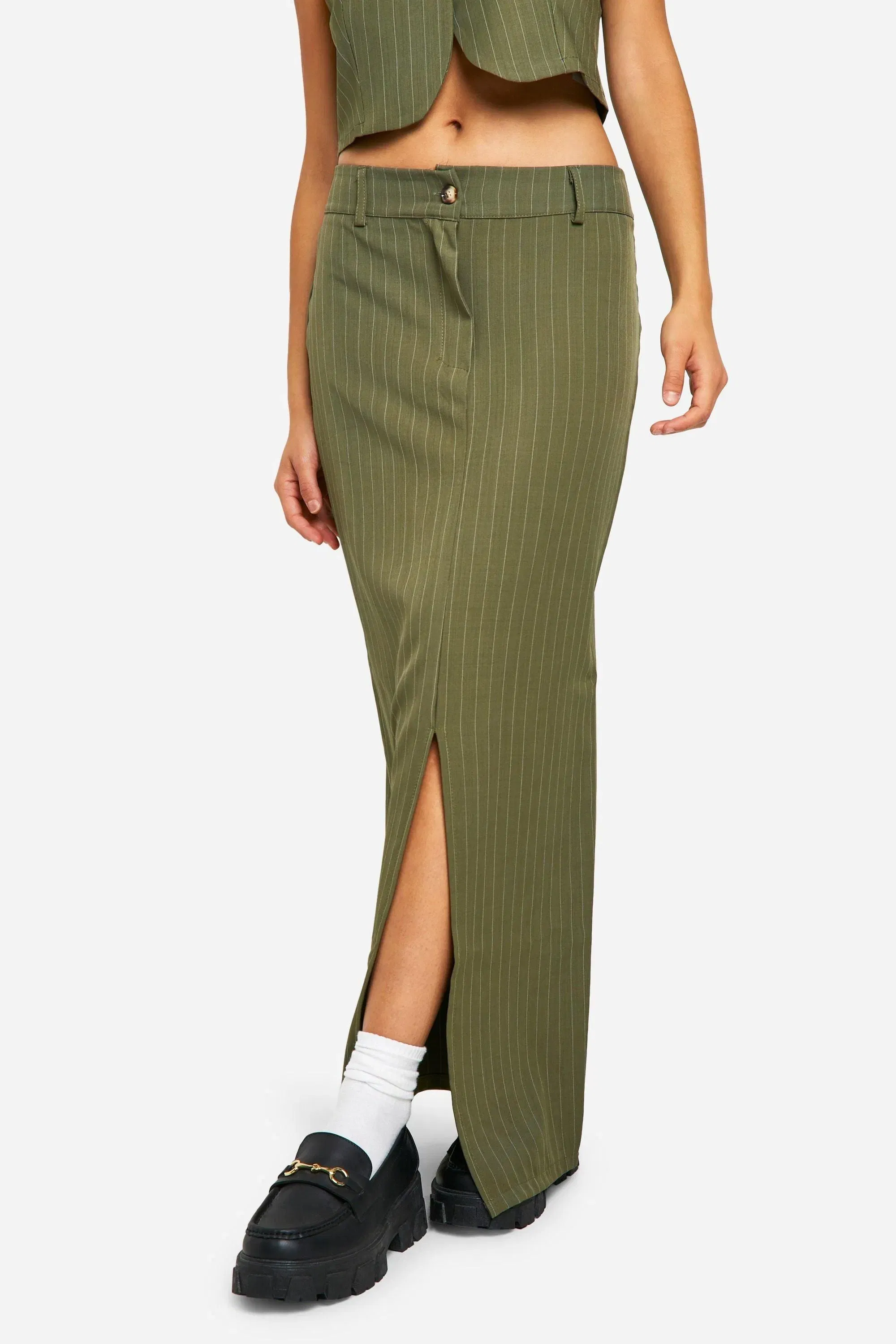 Pinstripe Split Front Column Maxi Skirt