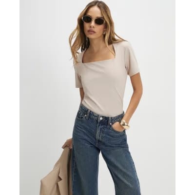 Beige Square Neck Fitted T-shirt
