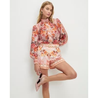 Pink Floral Belted Shorts
