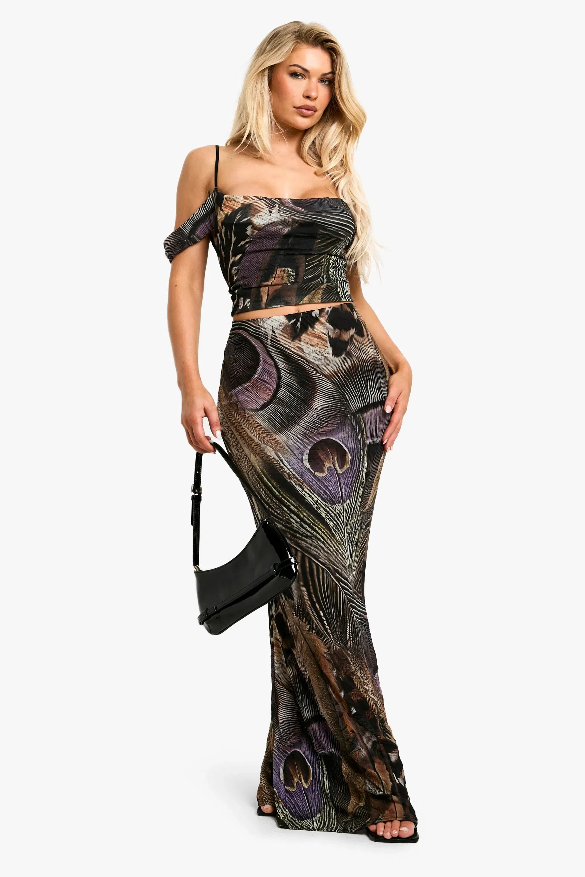 Crushed Mesh Peacock Feather Printed Cowl Neck Top
