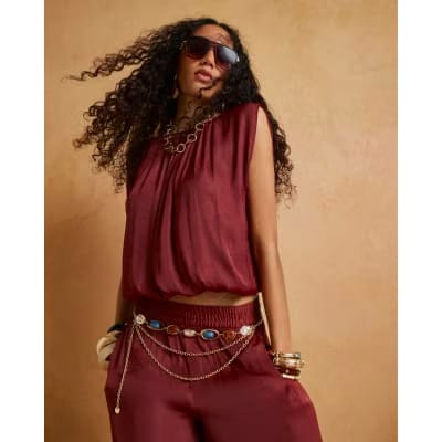 Brown Sleeveless Bubble Hem Top