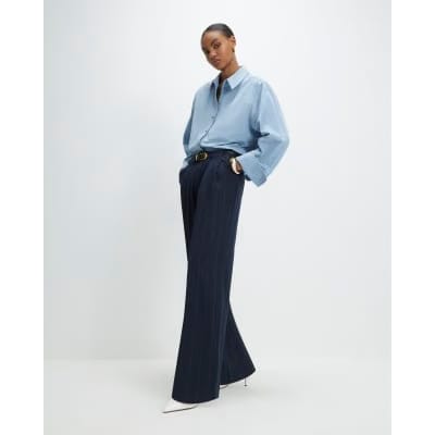 Navy Pinstripe Low Waist Belted Trousers