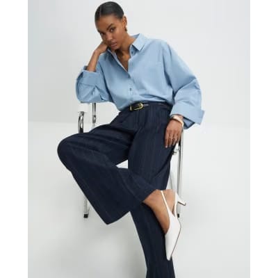 Navy Pinstripe Low Waist Belted Trousers