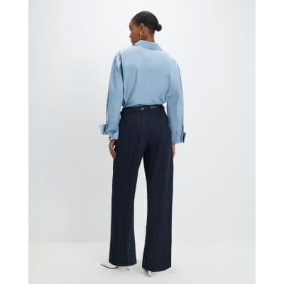 Navy Pinstripe Low Waist Belted Trousers