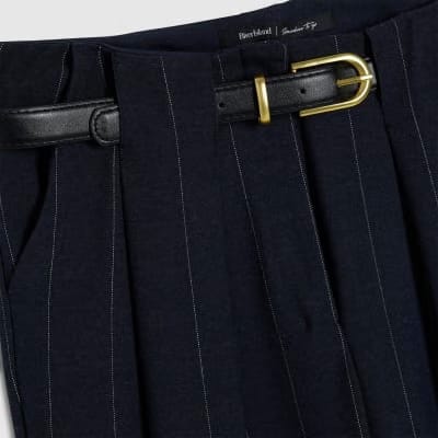Navy Pinstripe Low Waist Belted Trousers