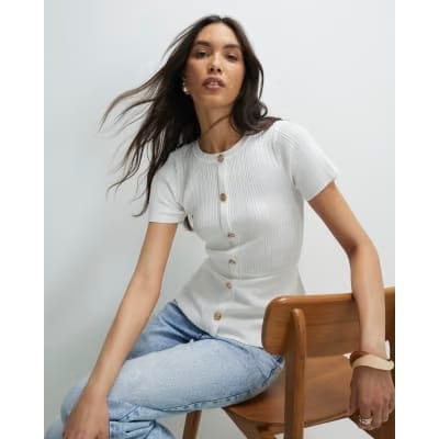 White Peplum Ribbed Knitted Top